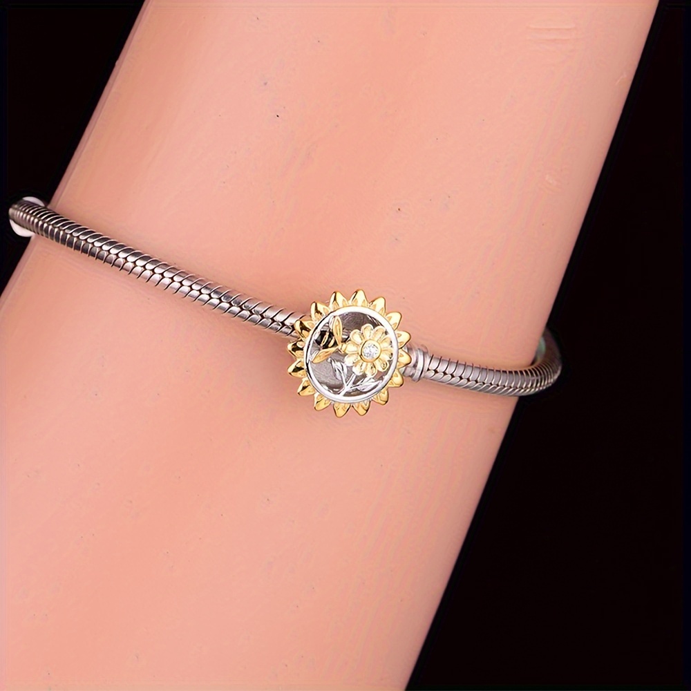 925 Sterling Silver Sunflower Charm Bead, 14K Gold Plated
